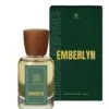 Zamoora Emberlyn perfume bottle for women displayed on gemstones with a teal background, featuring top notes of bergamot, blood orange and pink pepper, heart notes of jasmine blossom, honey and peony, and base notes of amberwood, vanilla and white musk