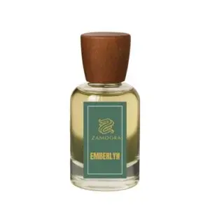 Zamoora Emberlyn perfume bottle for women displayed on gemstones with a teal background, featuring top notes of bergamot, blood orange and pink pepper, heart notes of jasmine blossom, honey and peony, and base notes of amberwood, vanilla and white musk