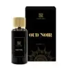 Zamoora Oud Noir perfume bottle for men placed on a wooden block in a smoky brown setting, showcasing top notes of blueberry and anise, heart notes of cashmere wood, floral notes and rosemary, and base notes of amber, honey and musk.