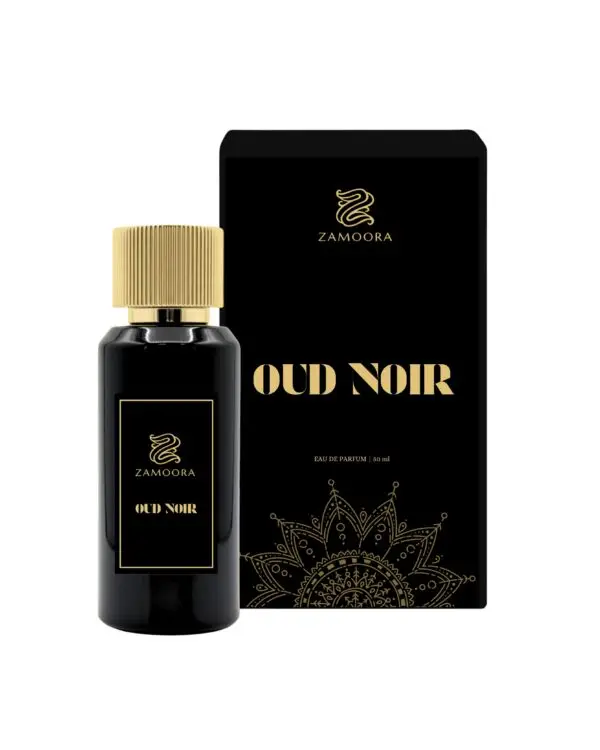 Zamoora Oud Noir perfume bottle for men placed on a wooden block in a smoky brown setting, showcasing top notes of blueberry and anise, heart notes of cashmere wood, floral notes and rosemary, and base notes of amber, honey and musk.