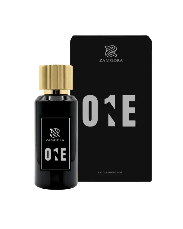 Zamoora One unisex perfume bottle on a glowing golden podium with a warm background, showing top notes of frankincense, cardamom, mandarin oil and apple, heart notes of lavender, caramel, orange blossom and rose, and base notes of Madagascar vanilla, musk, guaiac wood, ambrox and norlimbanol.