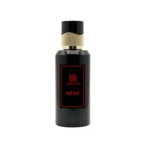 Zamoora Aero men’s perfume bottle displayed on a light wooden stand against a bold red background, featuring top notes of watermelon, red fruits, lavender and Sicilian orange, heart notes of lily of the valley, lotus and jasmine, and base notes of sandalwood, white musk and ambroxan.