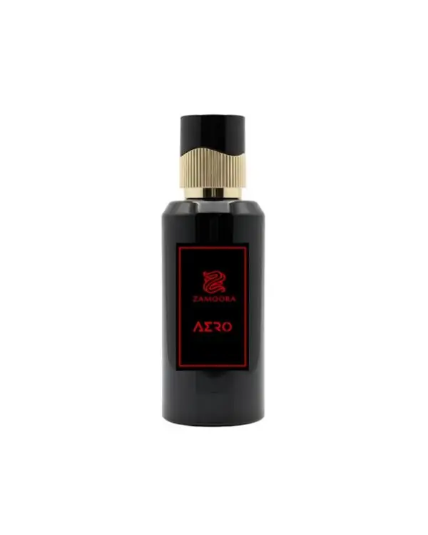 Zamoora Aero men’s perfume bottle displayed on a light wooden stand against a bold red background, featuring top notes of watermelon, red fruits, lavender and Sicilian orange, heart notes of lily of the valley, lotus and jasmine, and base notes of sandalwood, white musk and ambroxan.