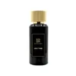Zamoora Oud Noir perfume bottle for men placed on a wooden block in a smoky brown setting, showcasing top notes of blueberry and anise, heart notes of cashmere wood, floral notes and rosemary, and base notes of amber, honey and musk.