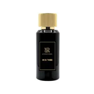 Zamoora Oud Noir perfume bottle for men placed on a wooden block in a smoky brown setting, showcasing top notes of blueberry and anise, heart notes of cashmere wood, floral notes and rosemary, and base notes of amber, honey and musk.