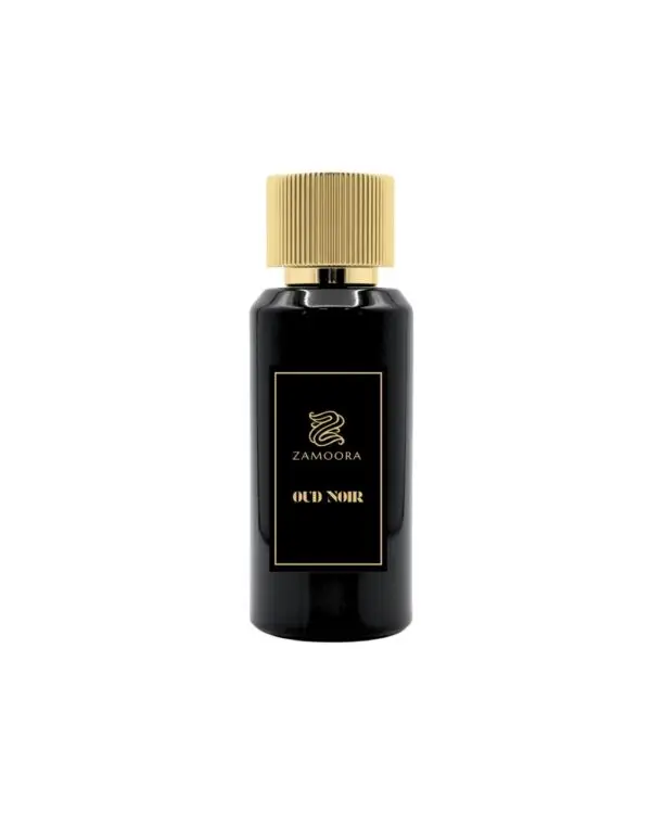 Zamoora Oud Noir perfume bottle for men placed on a wooden block in a smoky brown setting, showcasing top notes of blueberry and anise, heart notes of cashmere wood, floral notes and rosemary, and base notes of amber, honey and musk.
