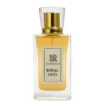 Zamoora Royal Oud men’s perfume bottle placed in a dark, earthy setting with woody textures, showing top notes of grapefruit, bergamot, lavender, saffron, cardamom, and spices, middle notes of tobacco, agarwood, cedarwood, jasmine and cashmeran, and deep base notes of leather, oud, sandalwood, vetiver, musk, vanilla and amber