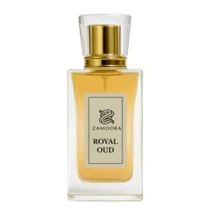 Zamoora Royal Oud men’s perfume bottle placed in a dark, earthy setting with woody textures, showing top notes of grapefruit, bergamot, lavender, saffron, cardamom, and spices, middle notes of tobacco, agarwood, cedarwood, jasmine and cashmeran, and deep base notes of leather, oud, sandalwood, vetiver, musk, vanilla and amber