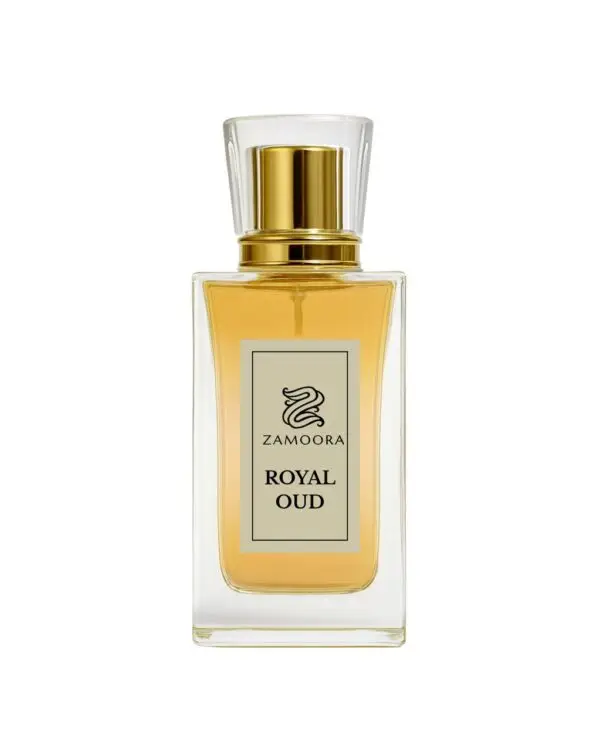 Zamoora Royal Oud men’s perfume bottle placed in a dark, earthy setting with woody textures, showing top notes of grapefruit, bergamot, lavender, saffron, cardamom, and spices, middle notes of tobacco, agarwood, cedarwood, jasmine and cashmeran, and deep base notes of leather, oud, sandalwood, vetiver, musk, vanilla and amber