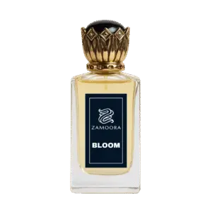 Zamoora Bloom perfume bottle for men floating underwater, surrounded by bubbles, with top notes of bergamot, blood orange and saffron, heart notes of damask rose, jasmine sambac, cinnamon and black tea, and base notes of amber, oud, sandalwood, musk and patchouli