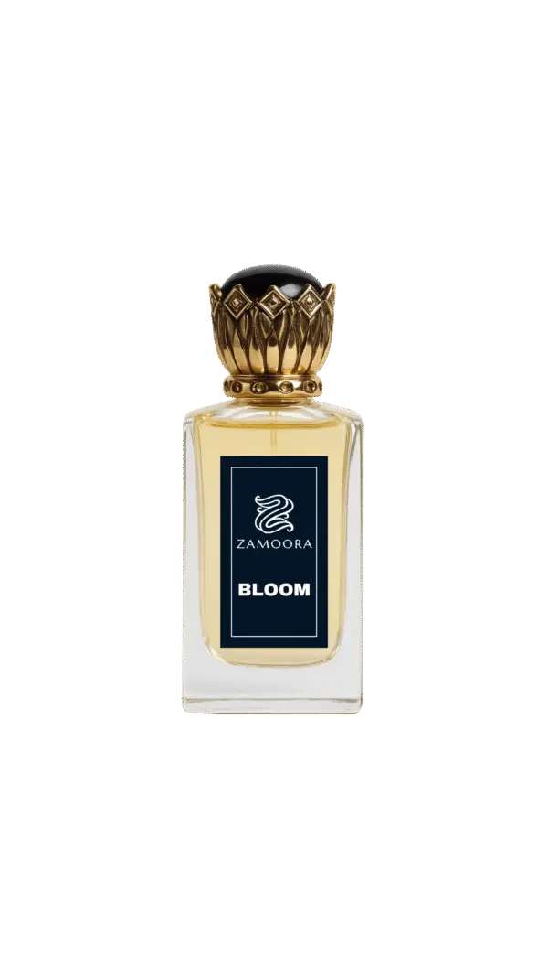 Zamoora Bloom perfume bottle for men floating underwater, surrounded by bubbles, with top notes of bergamot, blood orange and saffron, heart notes of damask rose, jasmine sambac, cinnamon and black tea, and base notes of amber, oud, sandalwood, musk and patchouli
